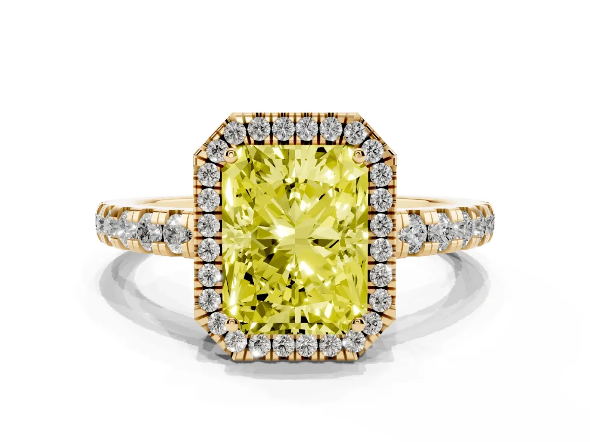 Fancy Yellow Radiant Cut Diamond Halo Ring with Pavé Band and Four-Prong Setting Yellow gold