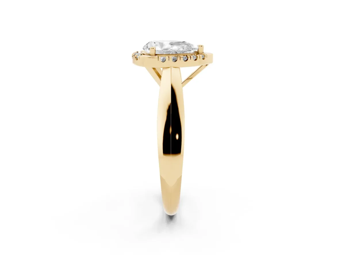 Pear Cut Cut Halo Solitaire Engagement Ring with Square Band and Four-Prong Setting Yellow gold