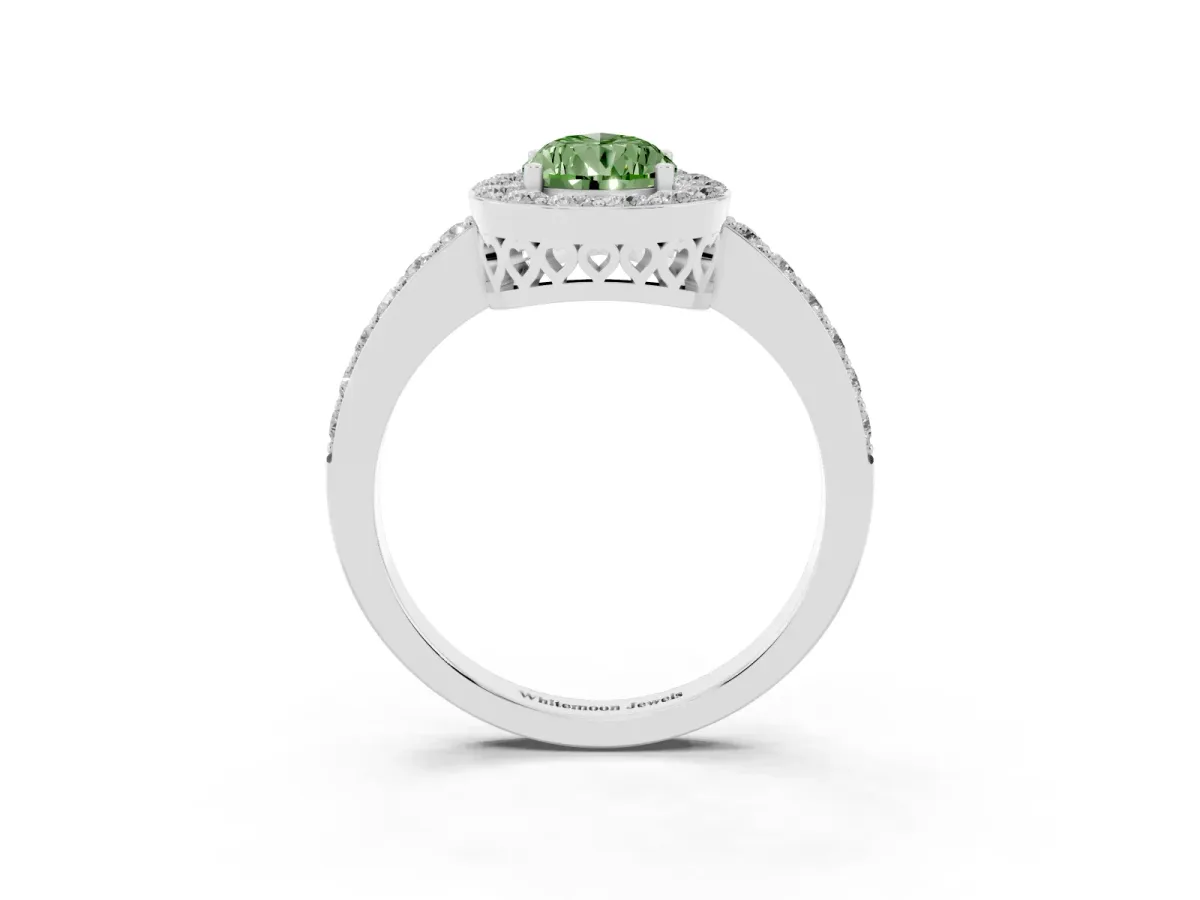 Fancy Green Pear Cut Halo Diamond Pavé Band Ring with Prong Setting Silver