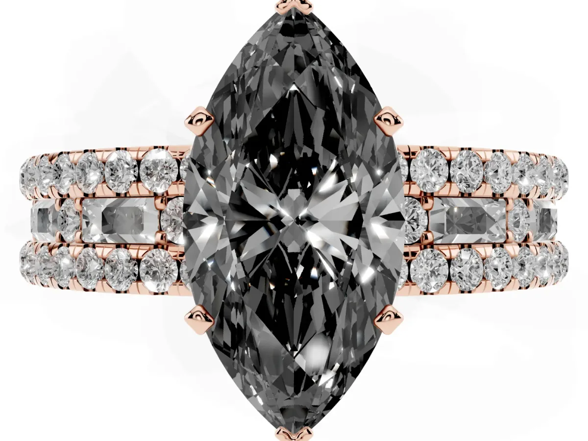 Fancy Black Marquise Cut Diamond Solitaire Ring with Pavé and Channel Set Band Rose gold