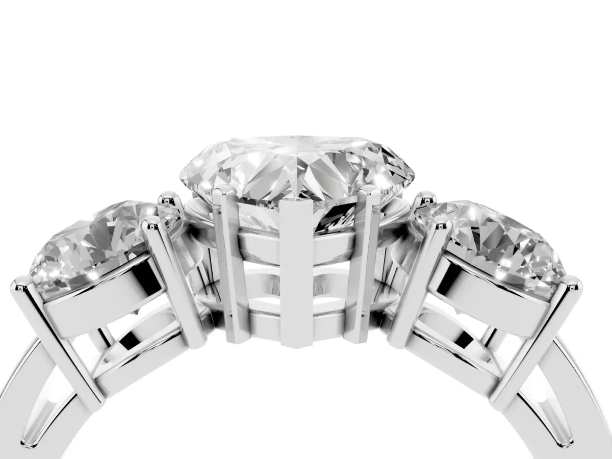 Three-Stone Heart Cut Diamond Ring with Round Side Stones, Classic Band, and Four-Prong Setting Silver