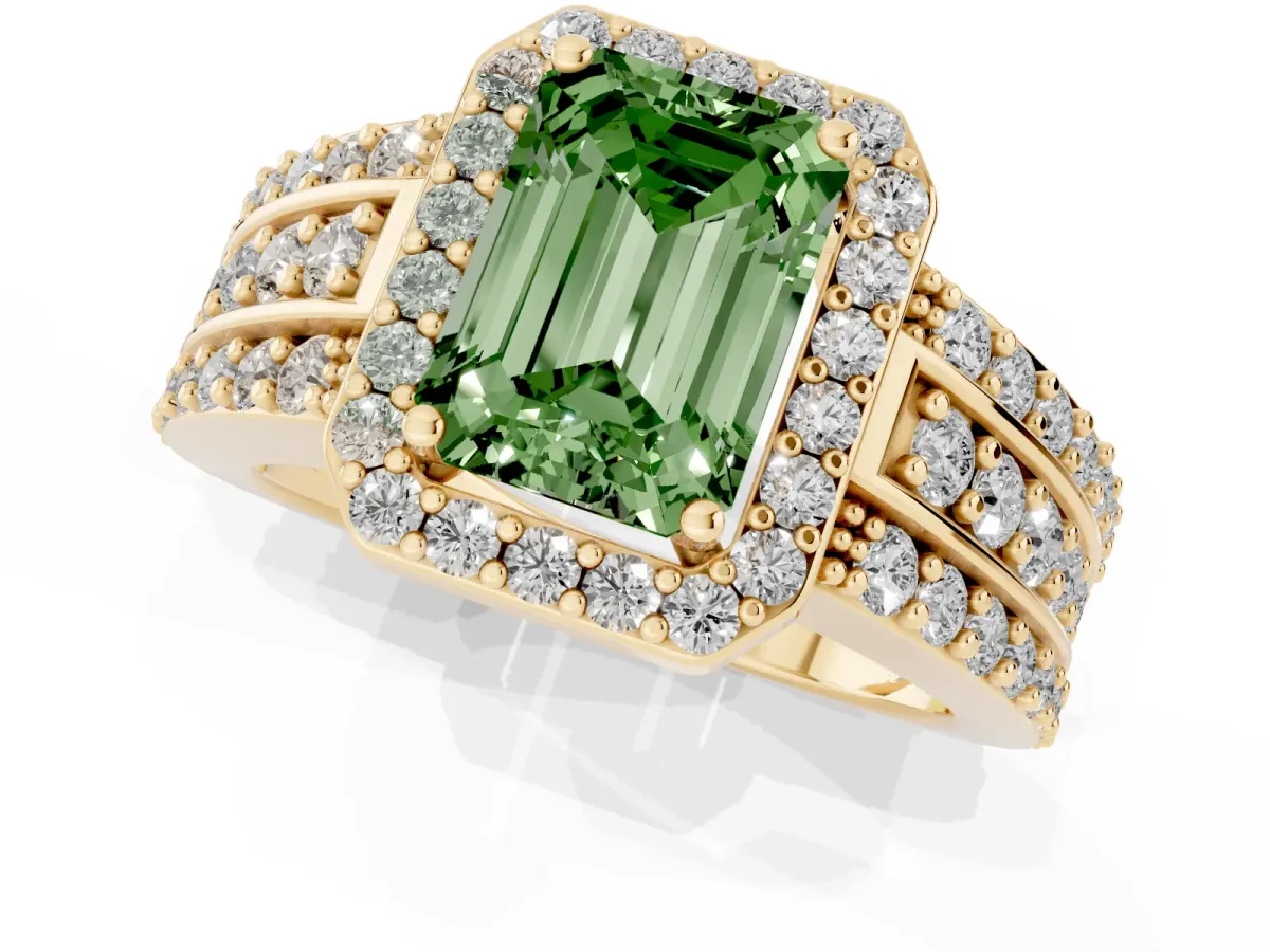 Fancy Green Emerald Cut Halo Diamond Ring with Round Split Shank and Prong Setting Yellow gold