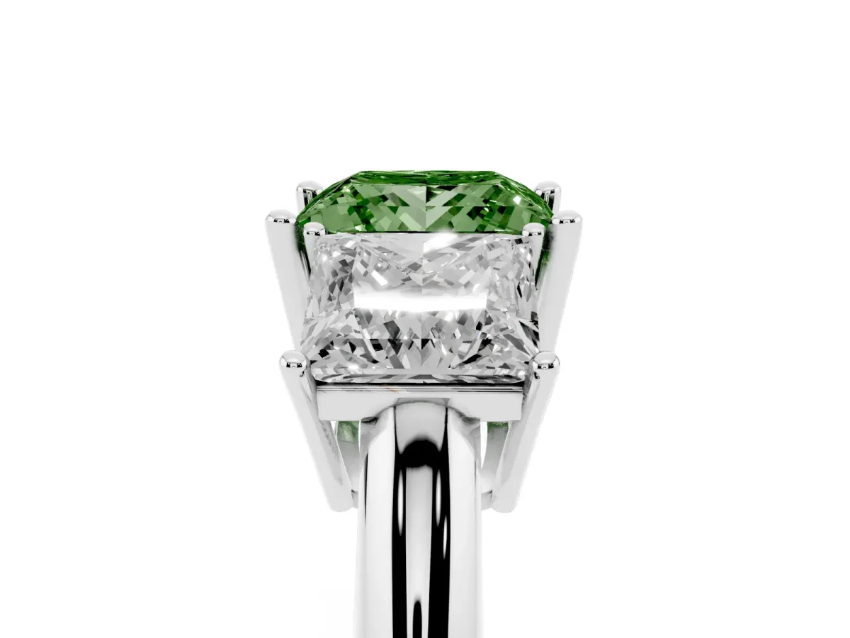 Fancy Green Three-Stone Princess Cut Cut Diamond Engagement Ring with Prong Setting on a White Gold Band White gold
