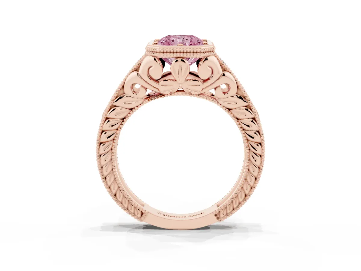 Fancy Pink Bezel Set Radiant Cut Diamond Milgrain Pave Engagement Ring Rose gold
