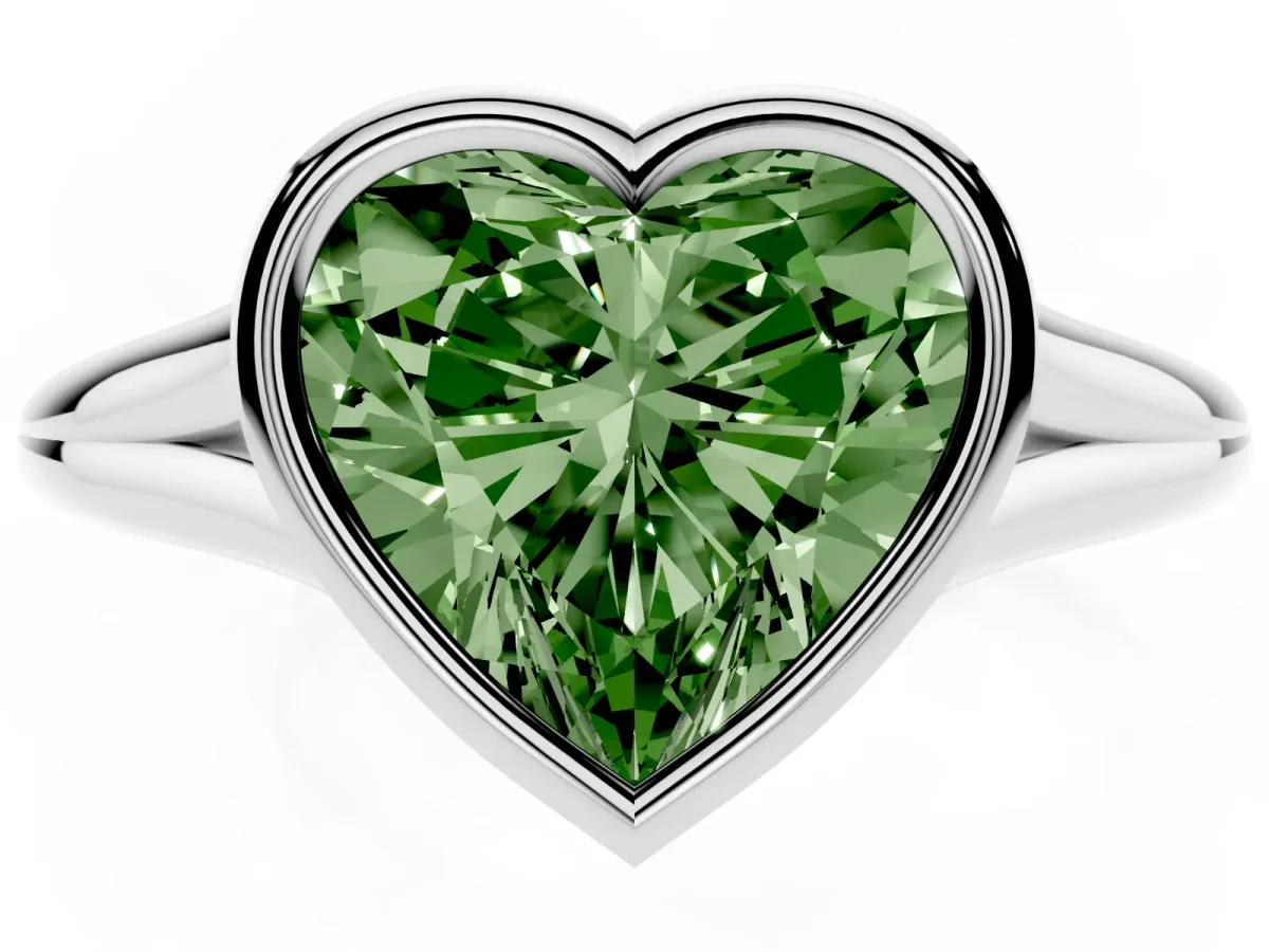 Fancy Green Bezel Set Heart Cut Cut Solitaire Ring with Tapered Band Silver