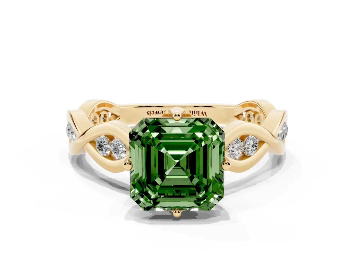 Fancy Green Asscher Cut Solitaire Twist Band with Leaf Prong Setting Yellow gold