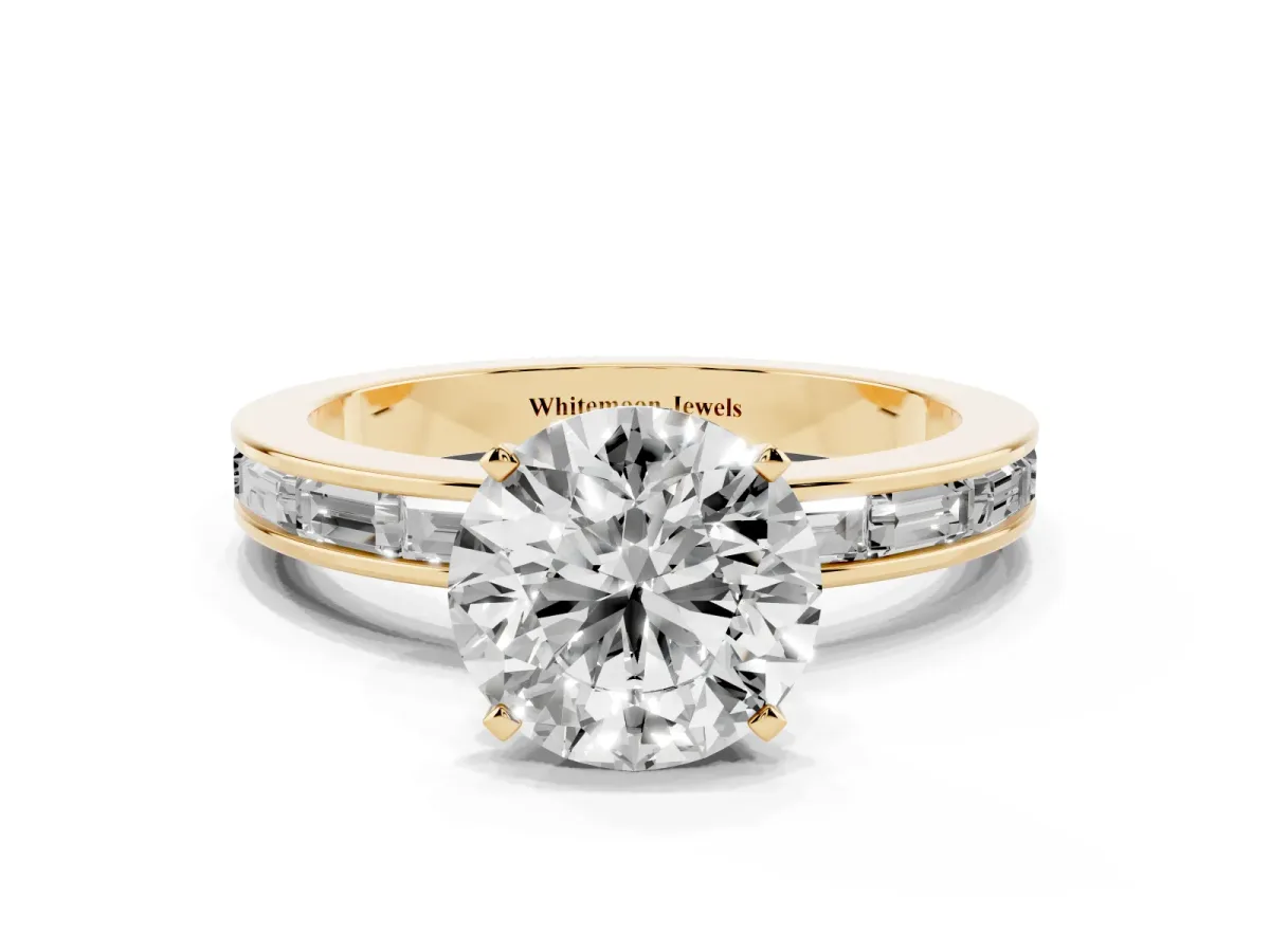 Round Cut Solitaire Diamond Ring with Channel-Set Baguette Band and Four-Prong Setting Yellow gold