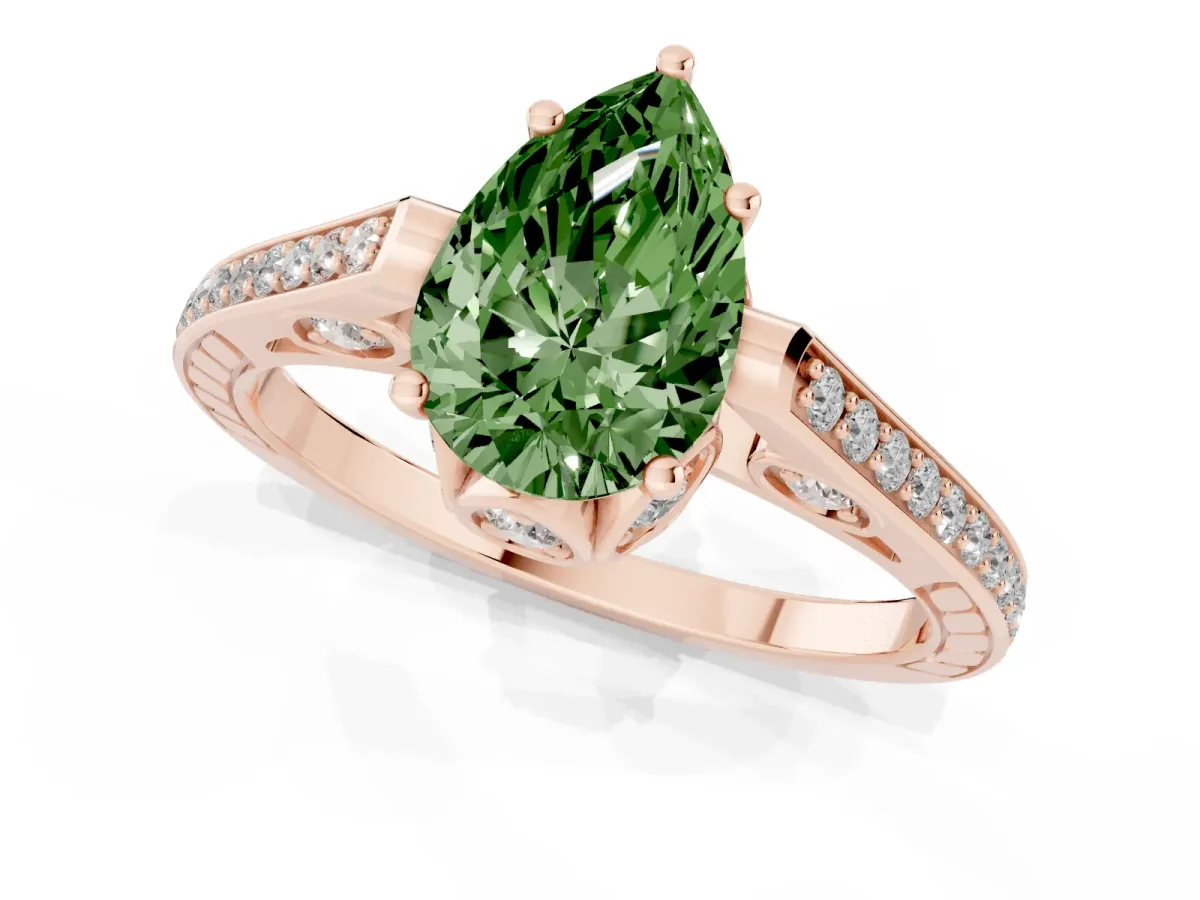 Fancy Green Pear Cut Cut Cathedral Pave Diamond Engagement Ring with Six-Prong Setting Rose gold