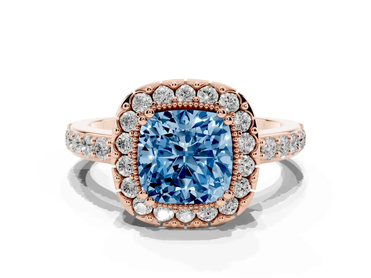 Fancy Blue Cushion Cut Diamond Halo Ring with Pavé Band and Prong Setting Rose gold