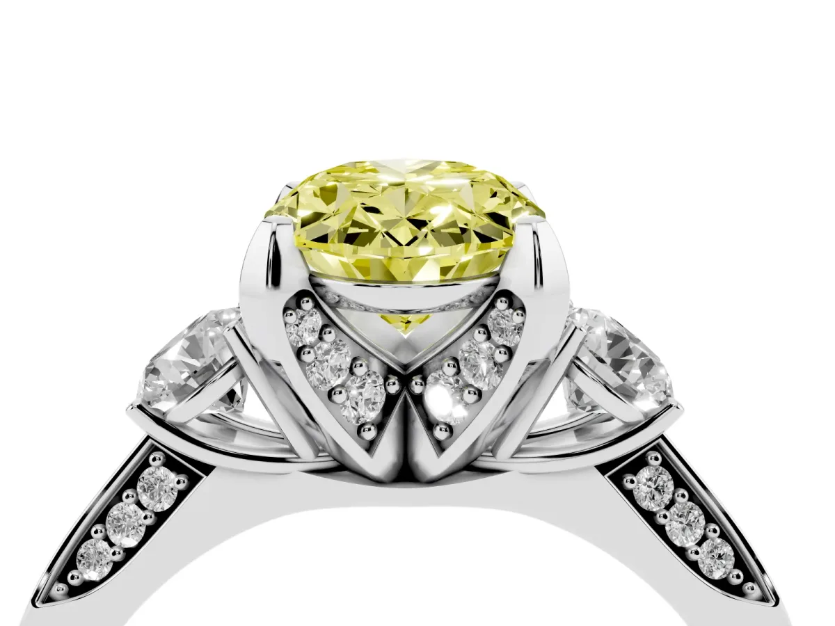 Fancy Yellow Oval Cut Brilliant Three-Stone Diamond Ring with Pavé Band and Four-Prong Setting Silver