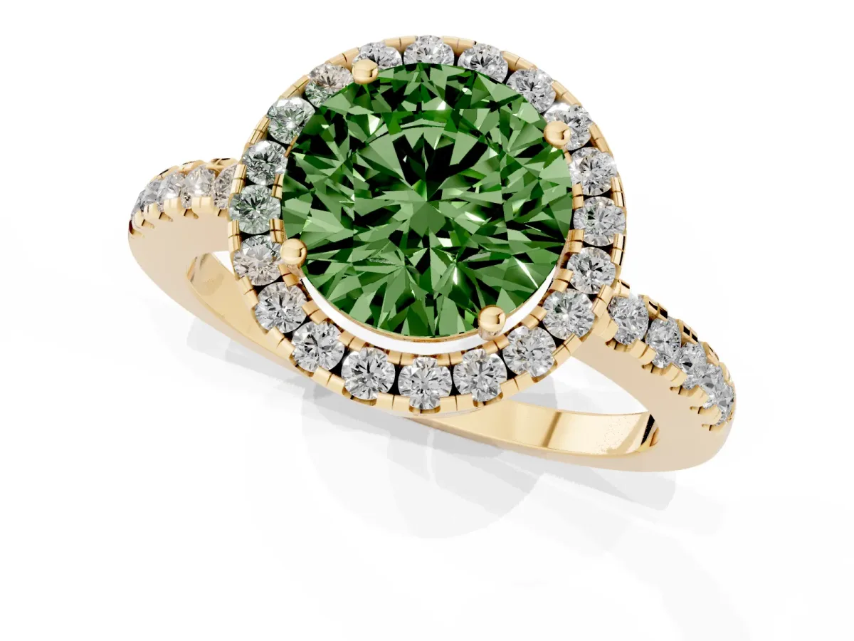 Fancy Green Round Cut Halo Diamond Engagement Ring with Pavé Band and Four-Prong Setting Yellow gold