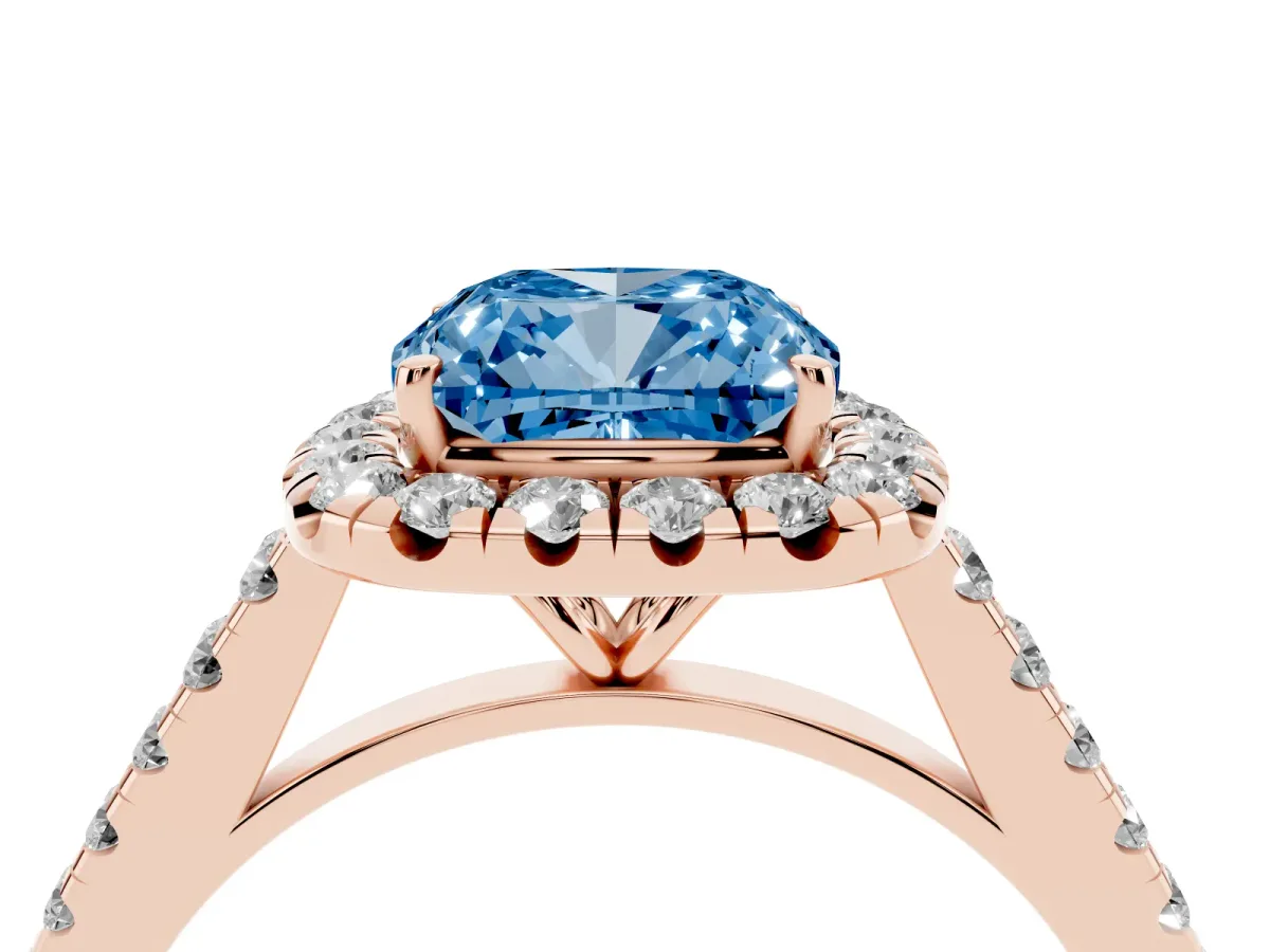 Fancy Blue Cushion Cut Halo Pave Diamond Engagement Ring with Four-Prong Setting Rose gold