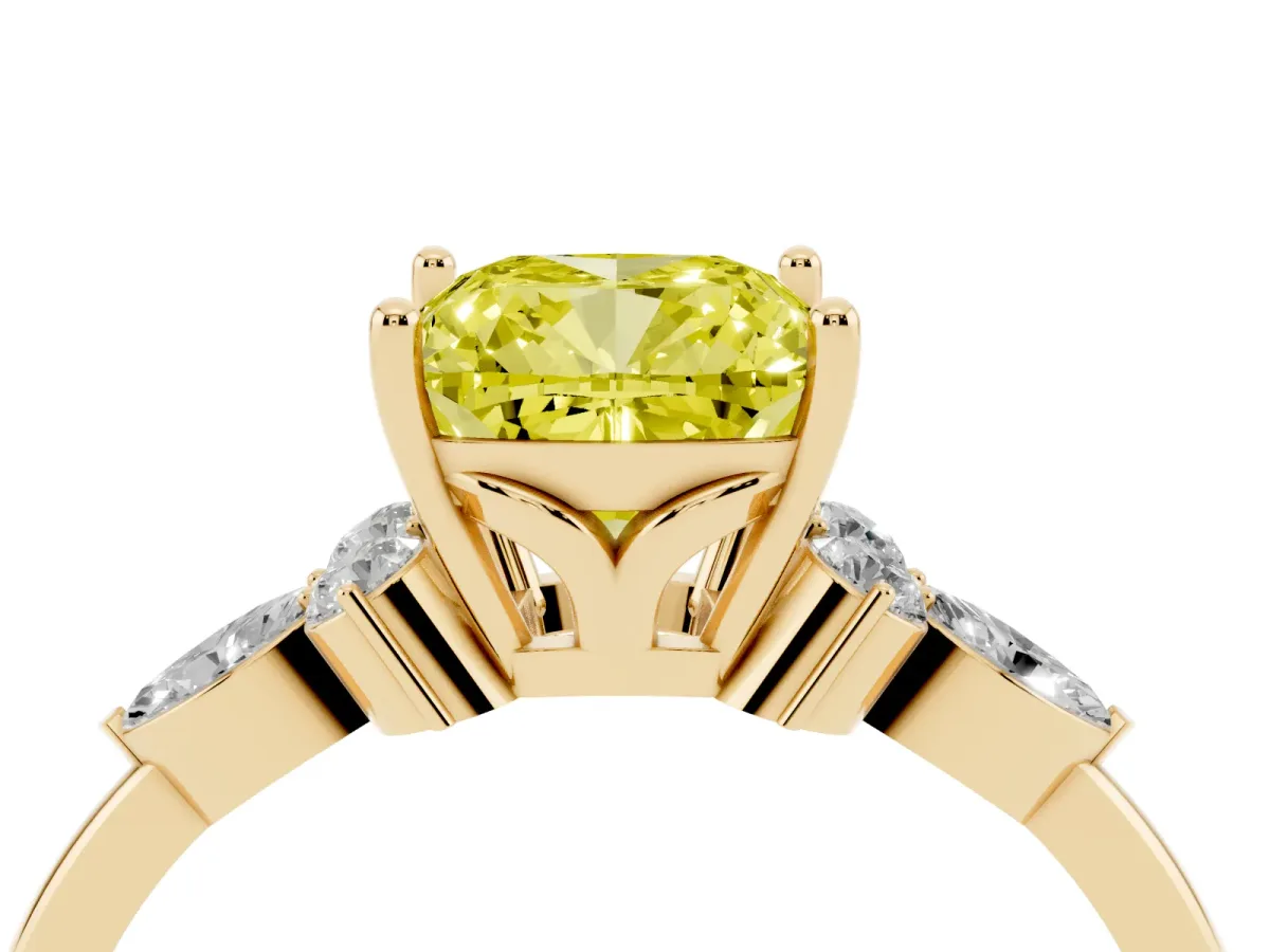 Fancy Yellow Cushion Cut Brilliant Diamond Solitaire Ring with Pear Side Stones and Four-Prong Setting Yellow gold