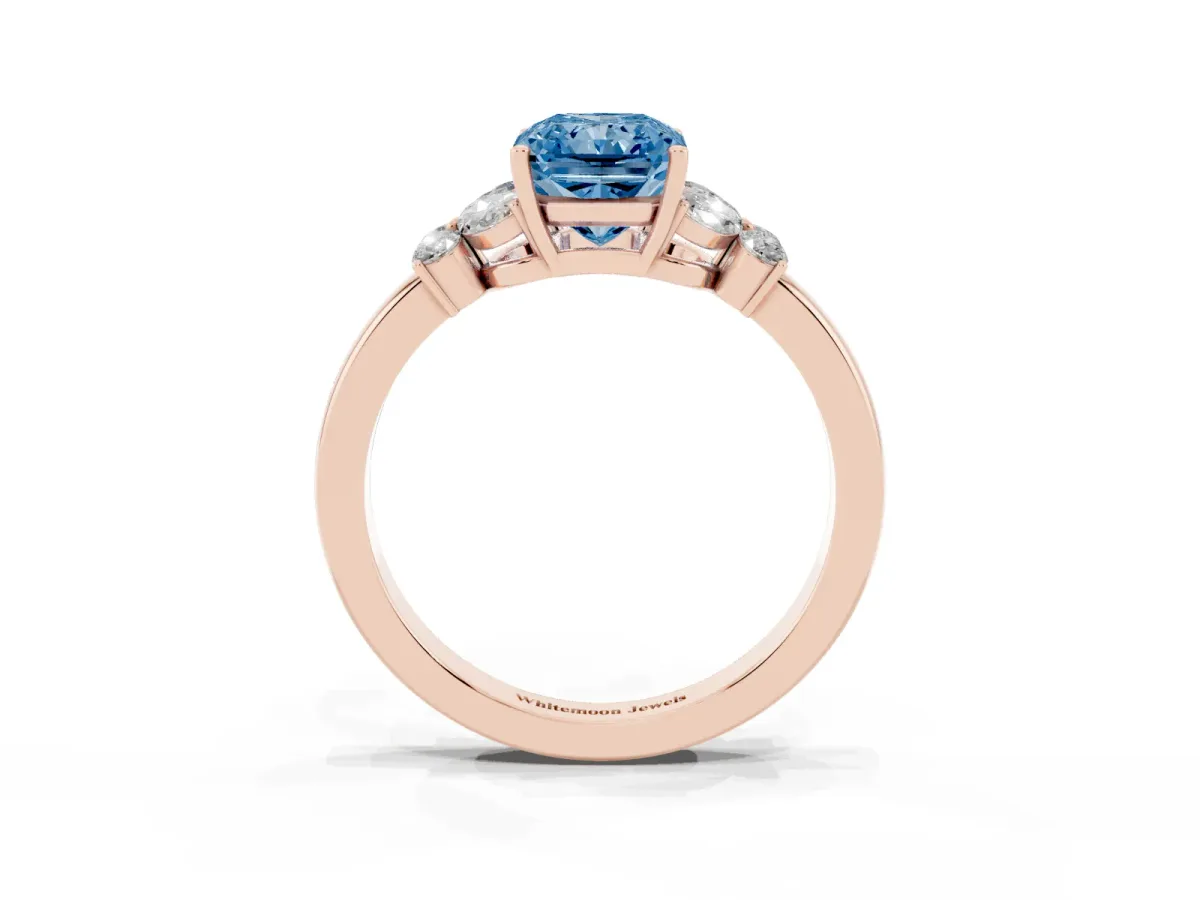 Fancy Blue Radiant Cut Cut Solitaire Floral Diamond Ring with Four-Prong Setting Rose gold