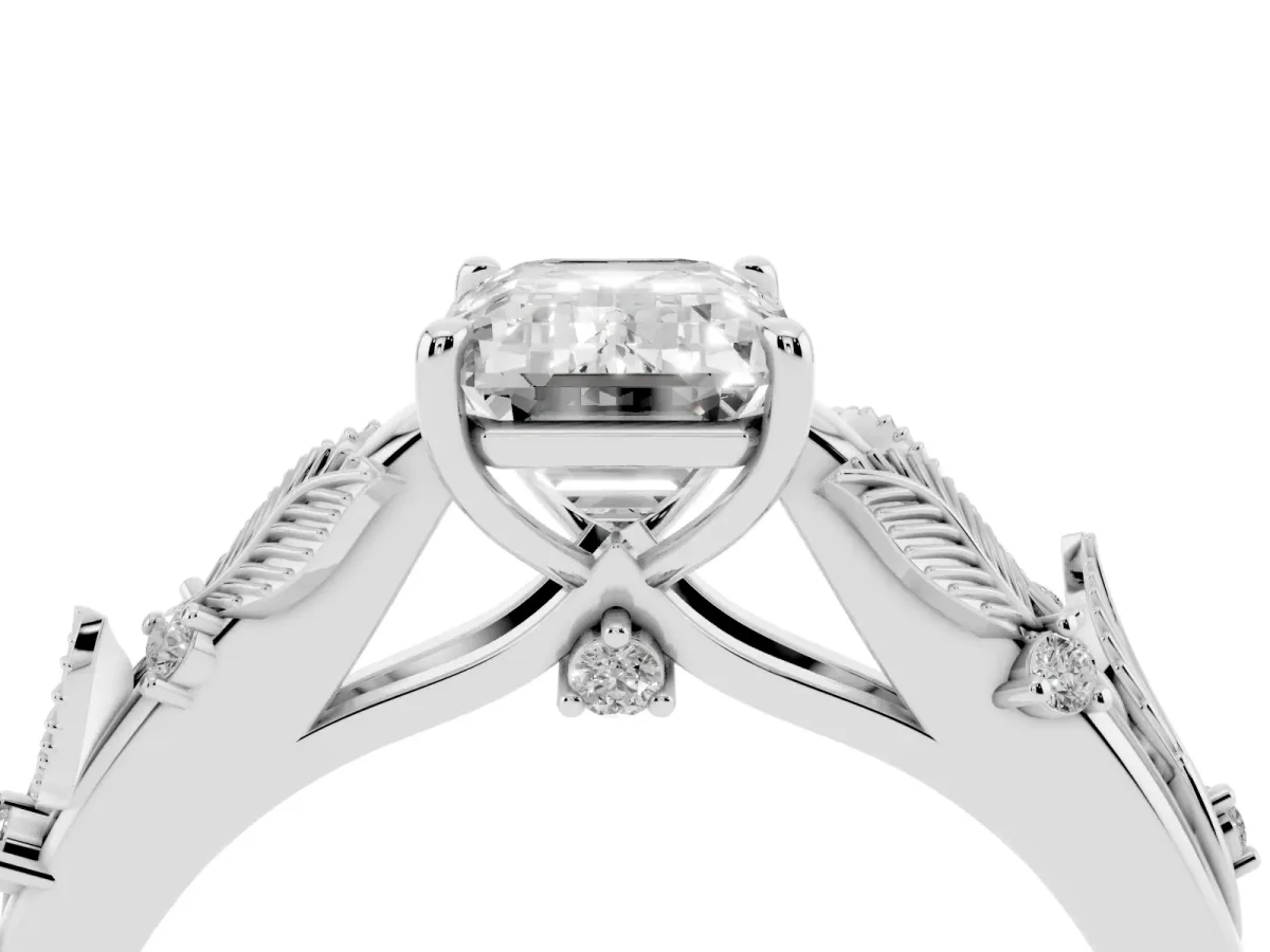 Emerald Cut Diamond Solitaire Ring with Leaf Motif Band and Four-Prong Setting Platinum