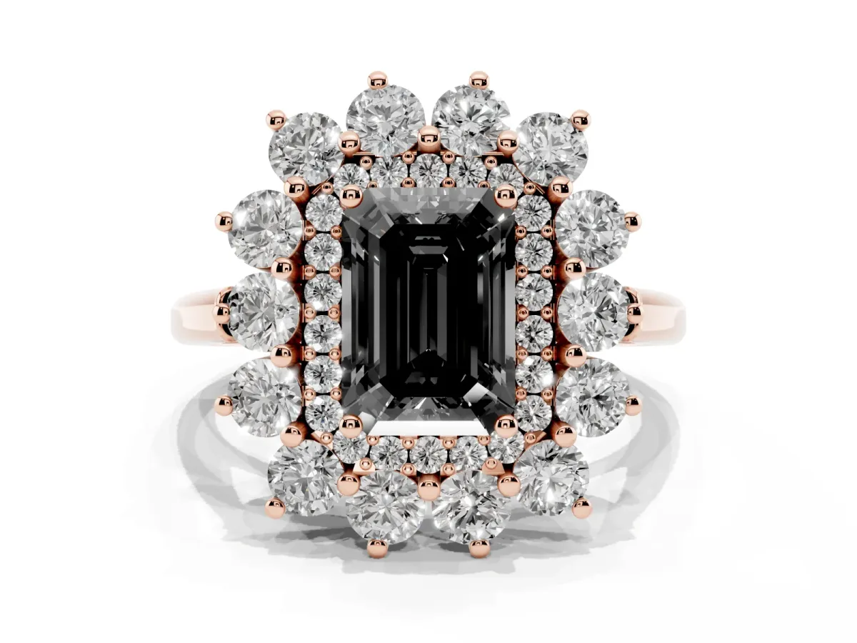 Fancy Black Emerald Cut Diamond Floral Double Halo Engagement Ring with Prong Setting Rose gold