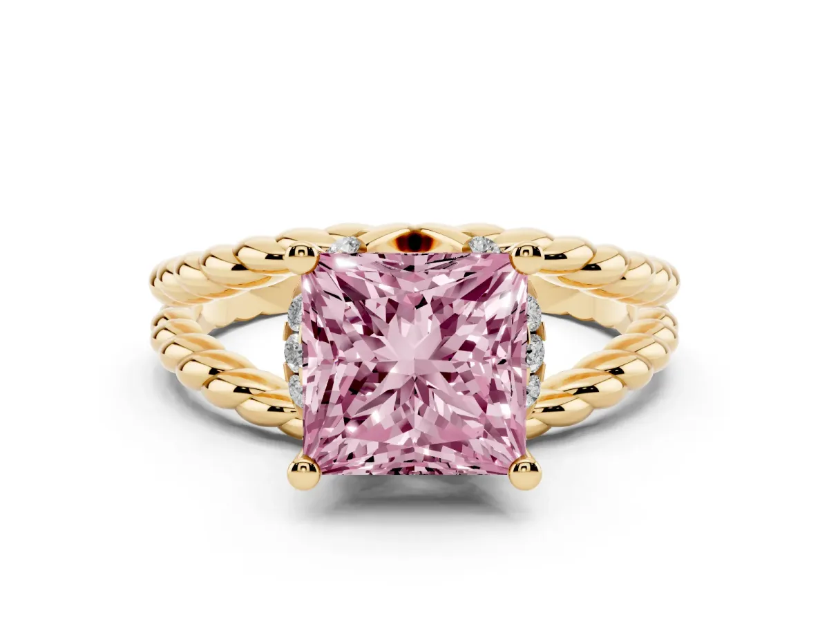 Fancy Pink Princess Cut Halo Twisted Band Four-Prong Ring Yellow gold