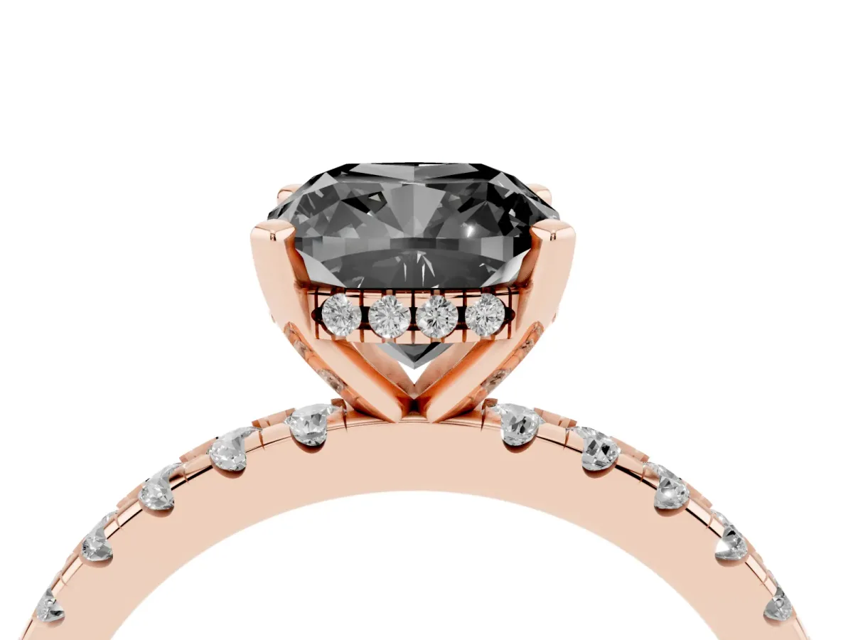 Fancy Black Cushion Cut Diamond Solitaire Ring with Round Pavé Band and Four-Prong Setting Rose gold