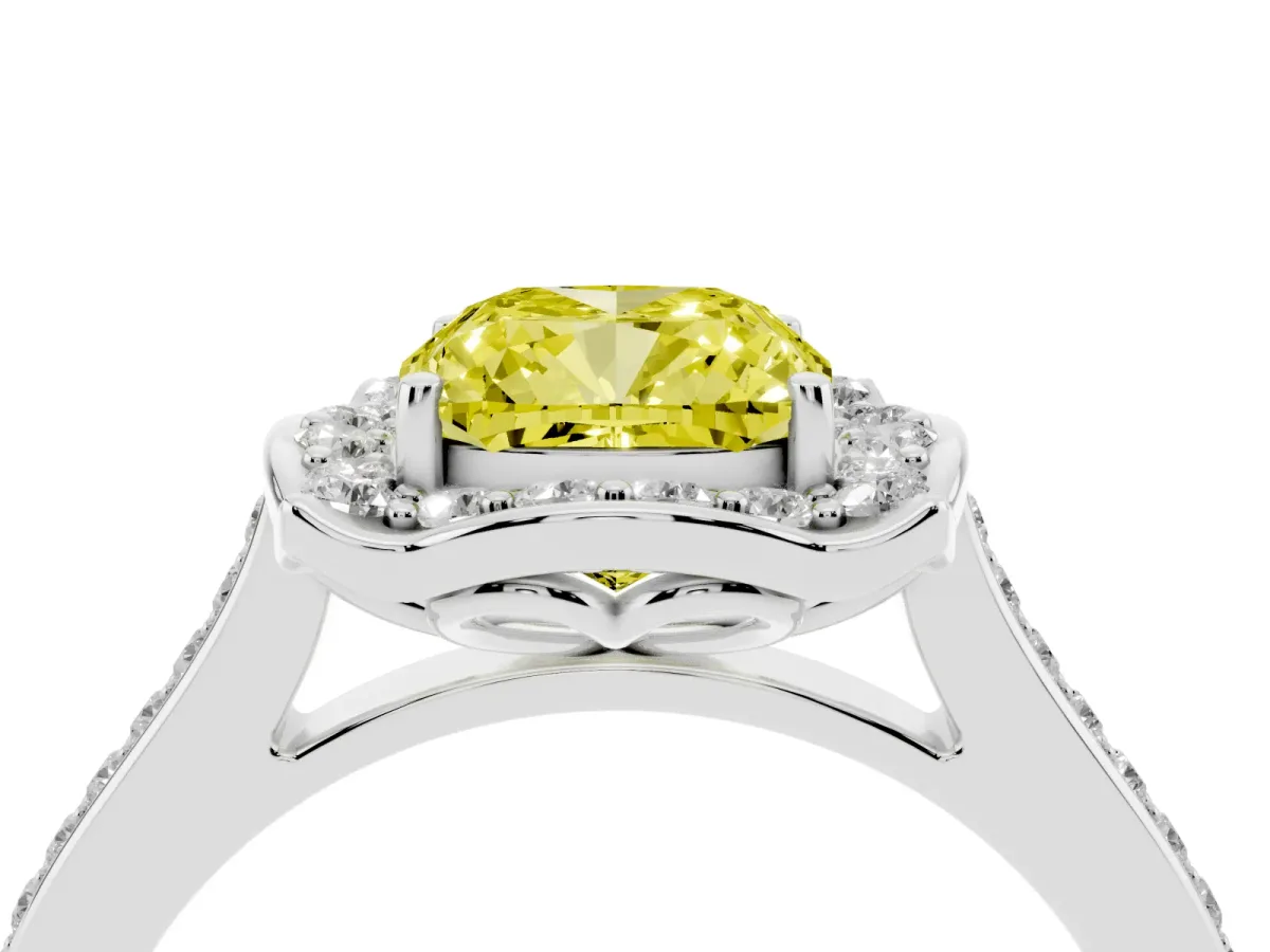 Fancy Yellow Cushion Cut Halo Round Diamond Pave Band with Four-Prong Setting Silver