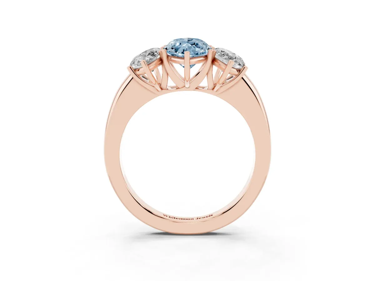 Fancy Blue Marquise Cut Diamond Three-Stone Ring with Four-Prong Setting and Classic Band Rose gold