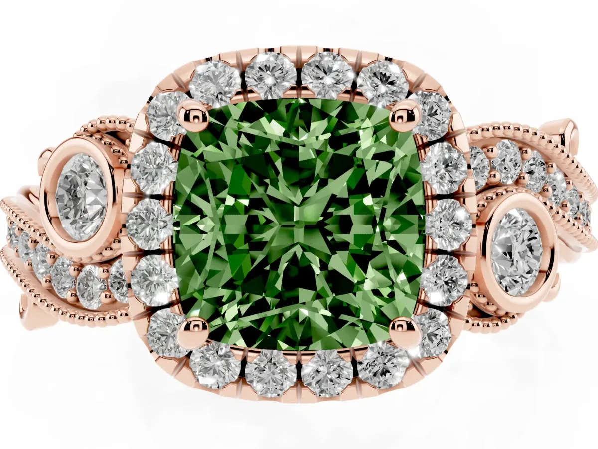 Fancy Green Cushion Cut Diamond Halo Ring with Milgrain Pavé Band and Four-Prong Setting Rose gold