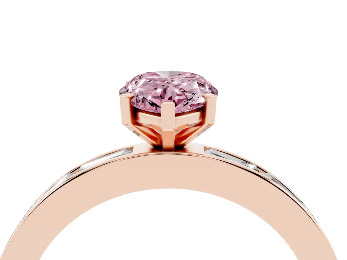 Fancy Pink Pear Cut Solitaire Diamond Ring with Channel-Set Baguette Band and Four-Prong Setting Rose gold