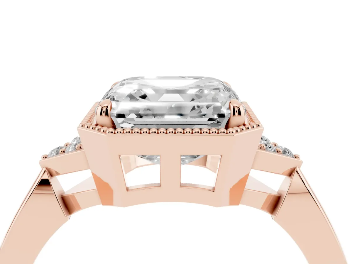 Asscher Cut Diamond Halo Ring with Tapered Band and Four-Prong Setting Rose gold
