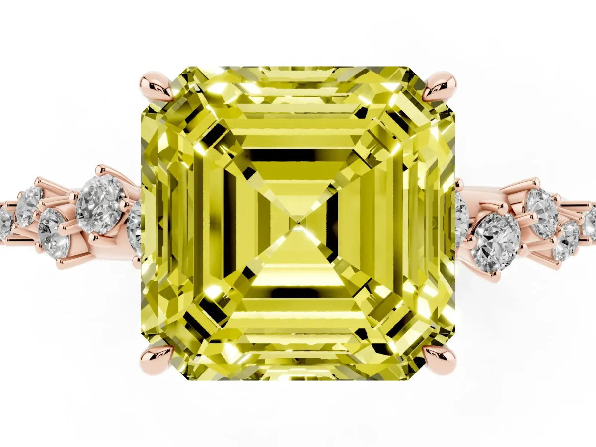 Fancy Yellow Asscher Cut Diamond Cluster Side Stone Solitaire Ring with Prong Setting Rose gold