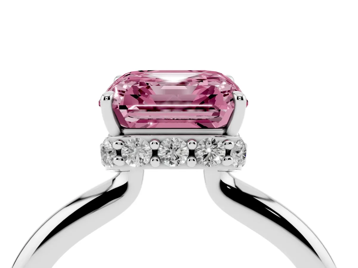 Fancy Pink Asscher Cut Brilliant Solitaire Engagement Ring with Six-Prong Setting and Classic Band Silver