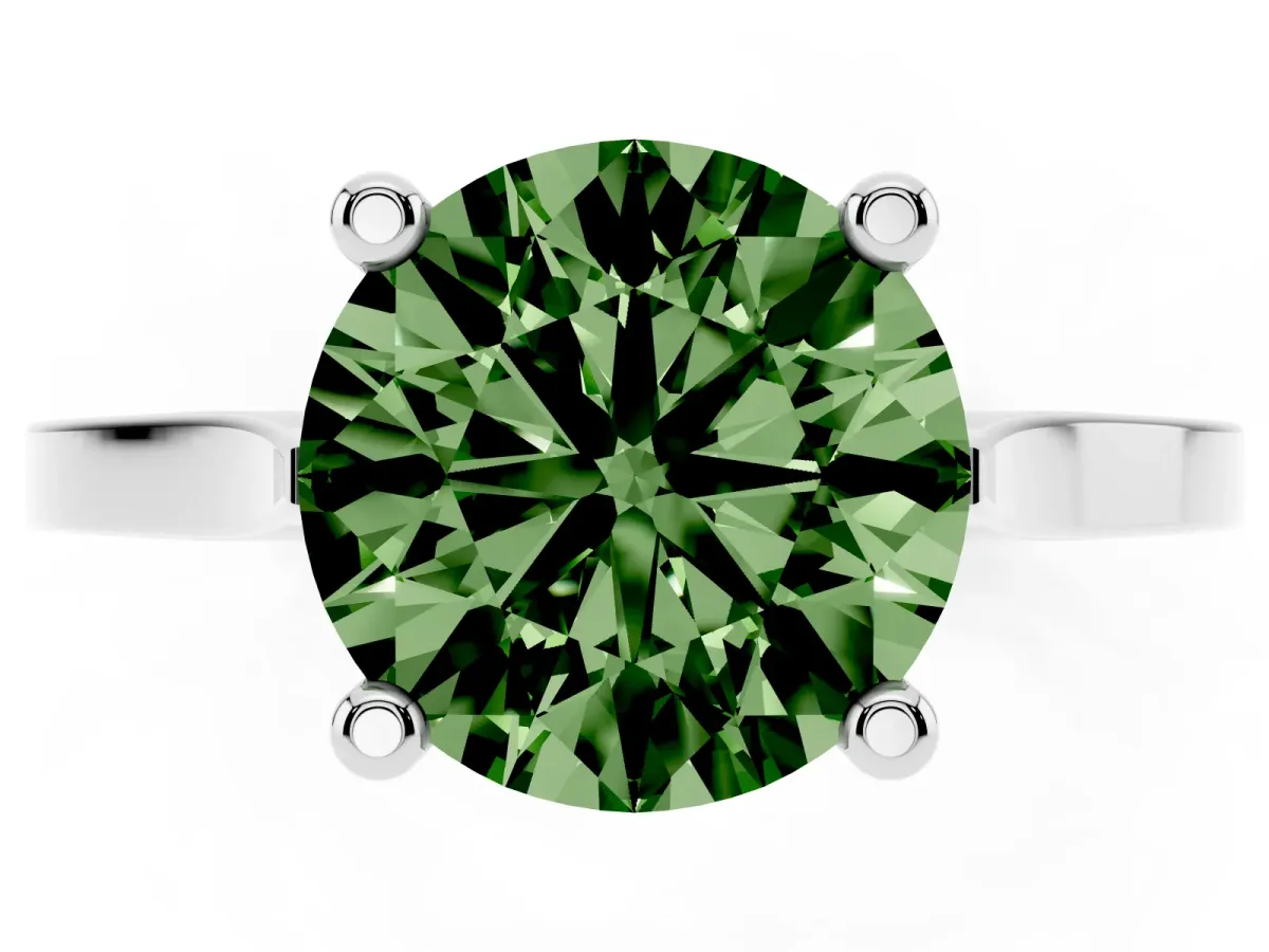 Fancy Green Round Cut Solitaire Diamond Ring with Four-Prong Setting and Tapered Band White gold