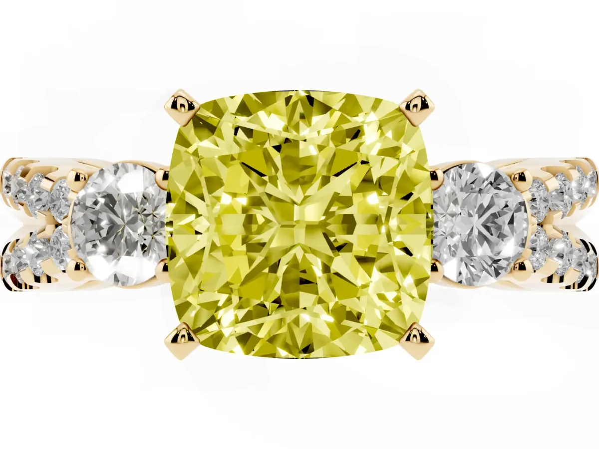 Fancy Yellow Cushion Cut Diamond Three-Stone Ring with Pavé Split Shank and Four-Prong Setting Yellow gold
