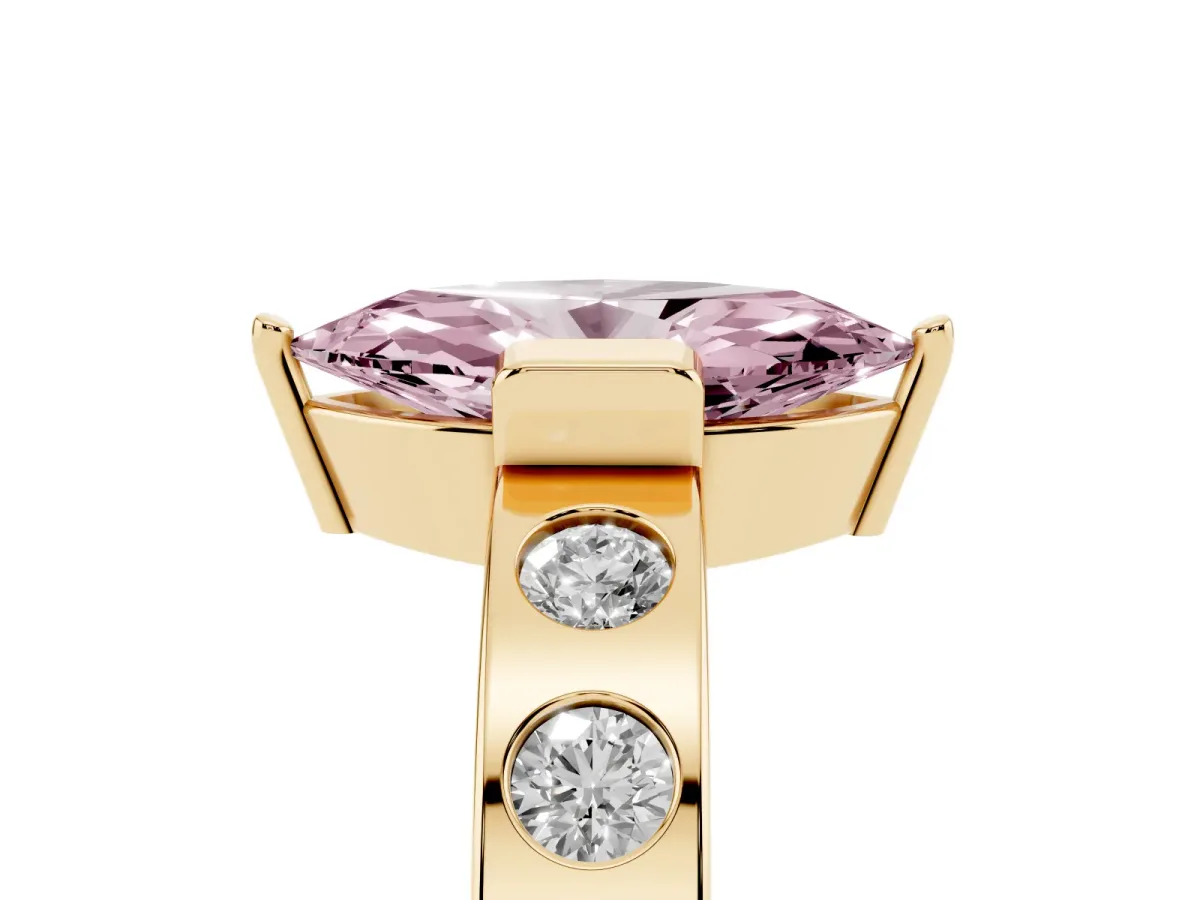 Fancy Pink Marquise Cut Brilliant Channel-Set Diamond Ring with Bezel Prong Setting Yellow gold