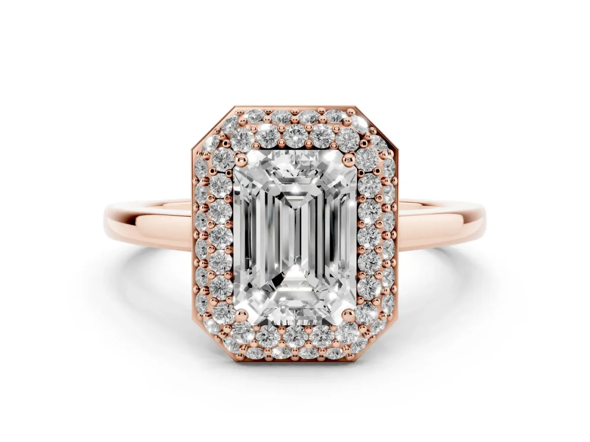 Emerald Cut Halo Diamond Engagement Ring with Solitaire Band and Four-Prong Setting Rose gold