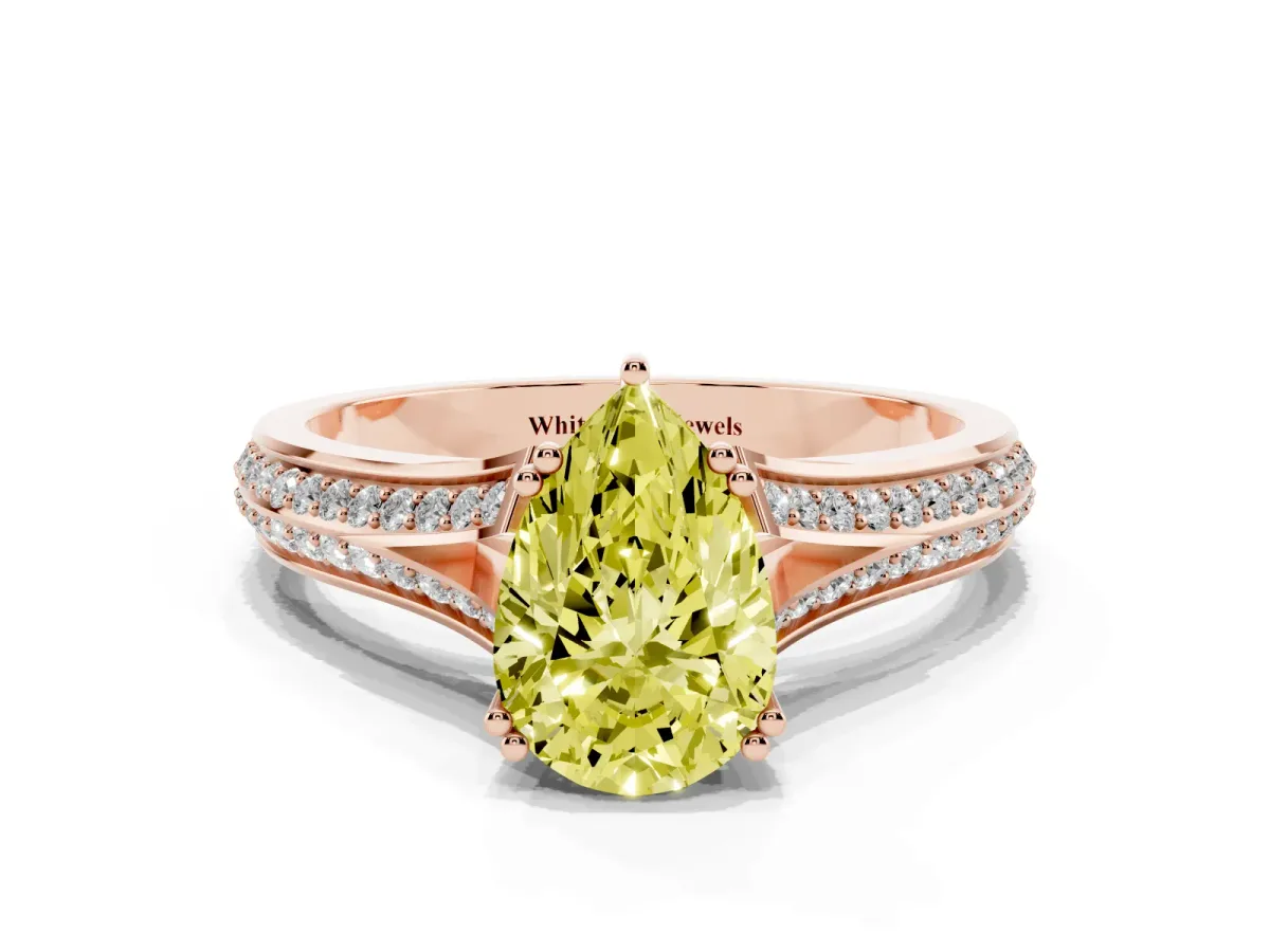 Fancy Yellow Pear Cut Diamond Split Shank Engagement Ring with Pavé Band Rose gold