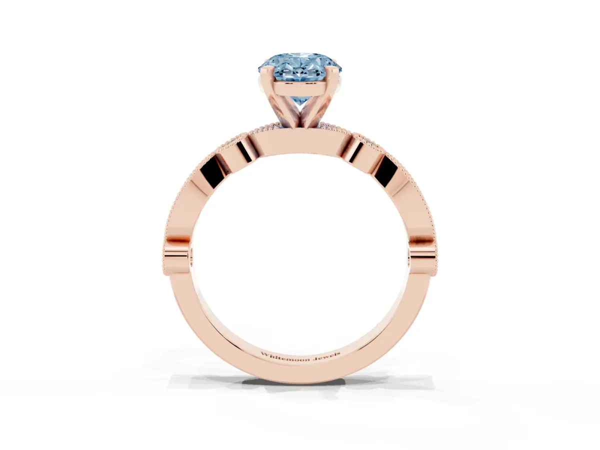 Fancy Blue Oval Cut Milgrain Bezel Diamond Engagement Ring with Solitaire Prong Setting Rose gold