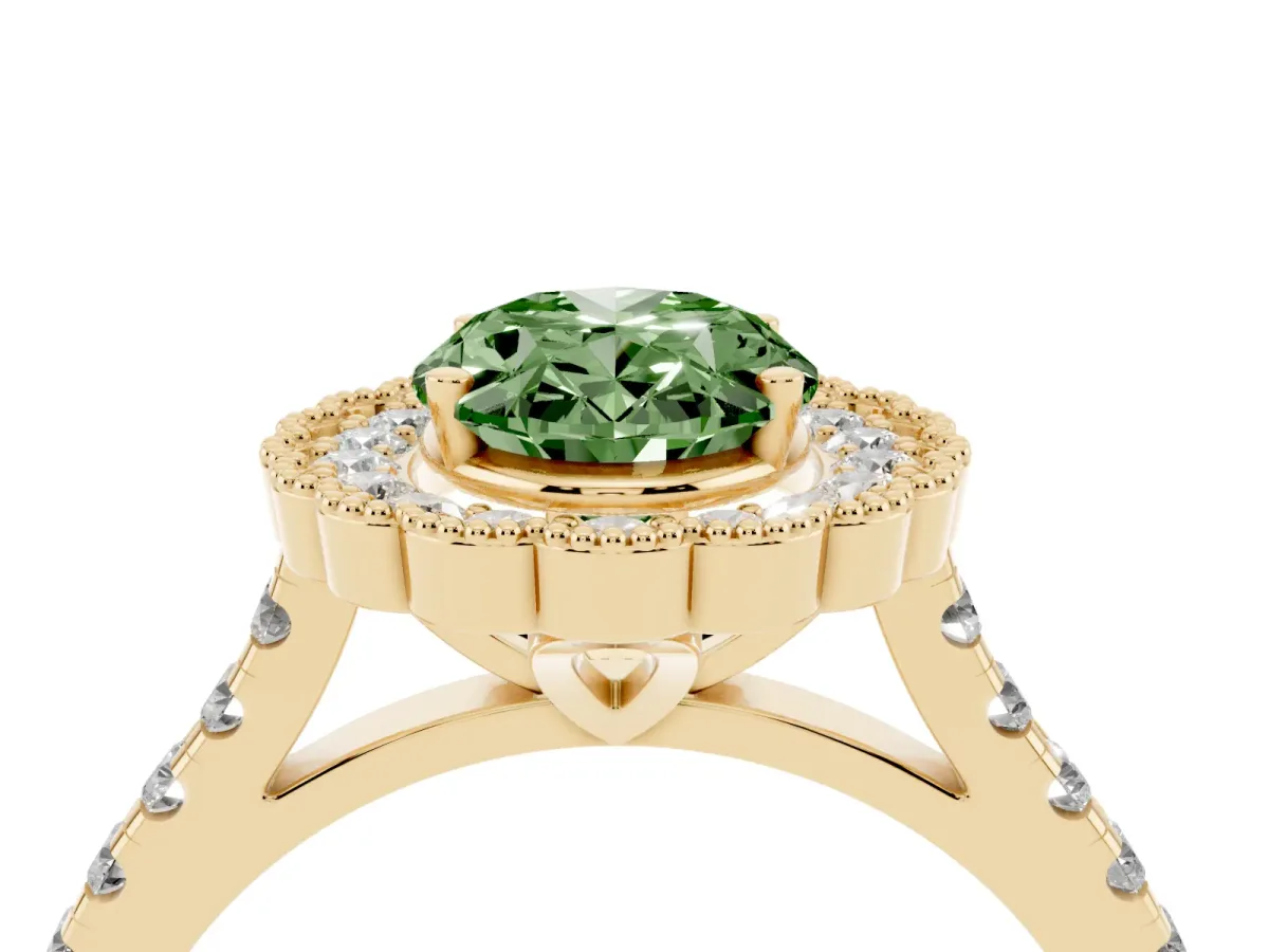 Fancy Green Oval Cut Cut Diamond Milgrain Floral Halo Engagement Ring with Pavé Band Yellow gold