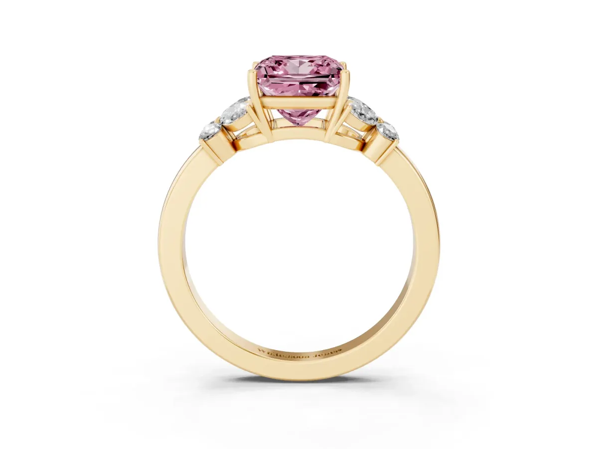 Fancy Pink Princess Cut Cut Solitaire Floral Diamond Ring with Four-Prong Setting Yellow gold