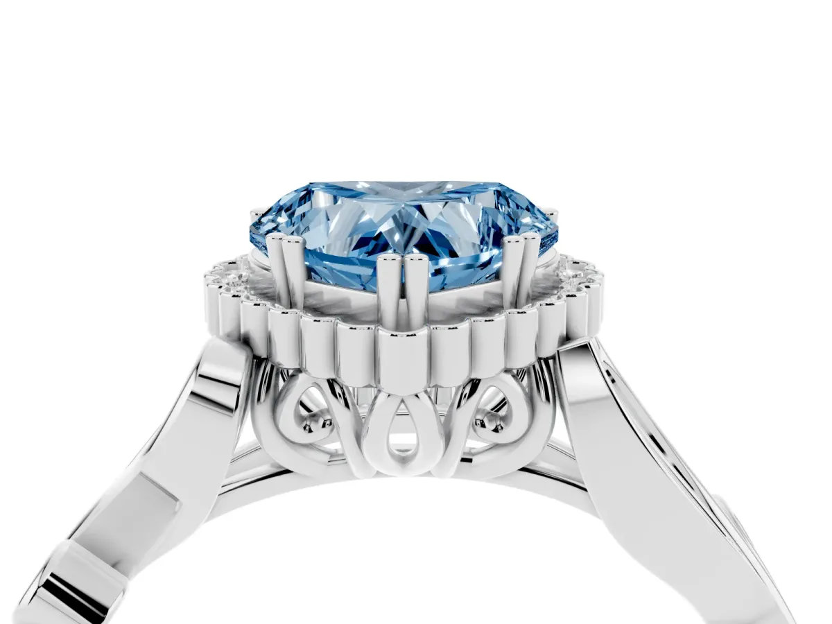 Fancy Blue Heart Cut Diamond Halo Ring with Vintage Split Shank and Four-Prong Setting Silver