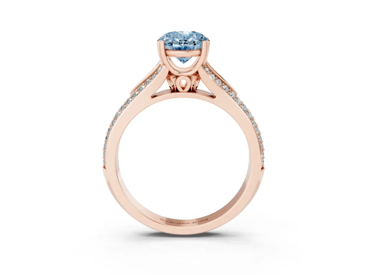 Fancy Blue Oval Cut Diamond Split Shank Engagement Ring with Pavé Band Rose gold