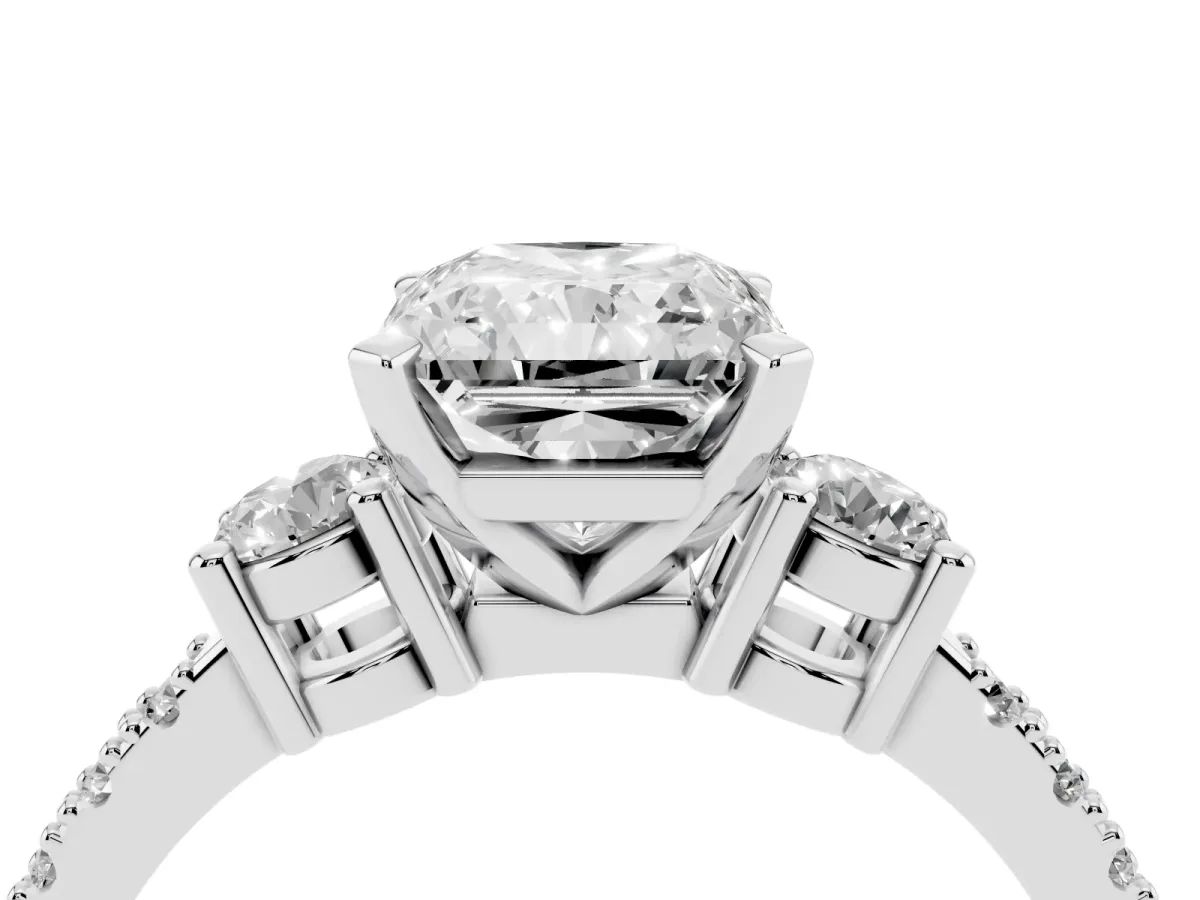 Radiant Cut Three-Stone Diamond Pavé Band with Prong Setting Platinum
