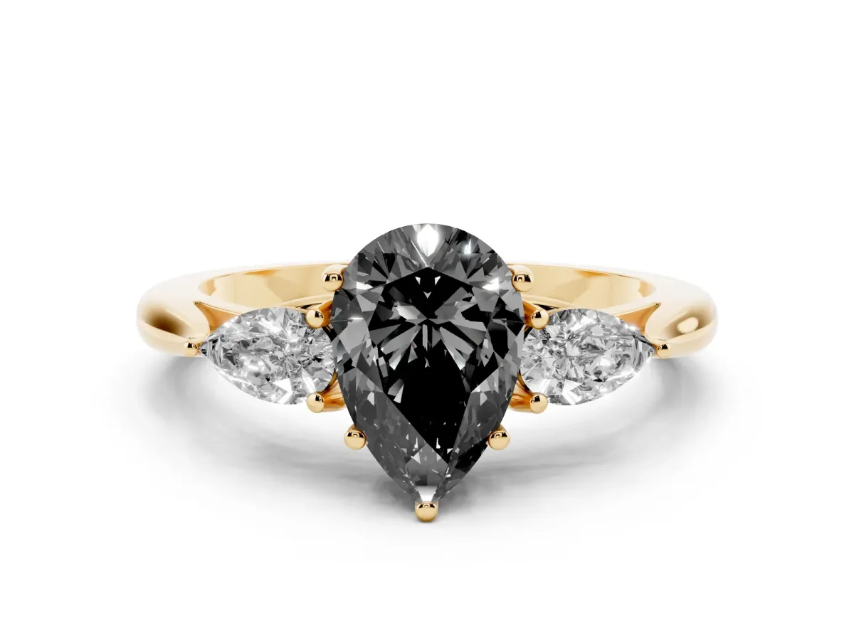 Fancy Black Three-Stone Pear Cut Brilliant Diamond Solitaire Ring with Tapered Band and Four-Prong Setting Yellow gold