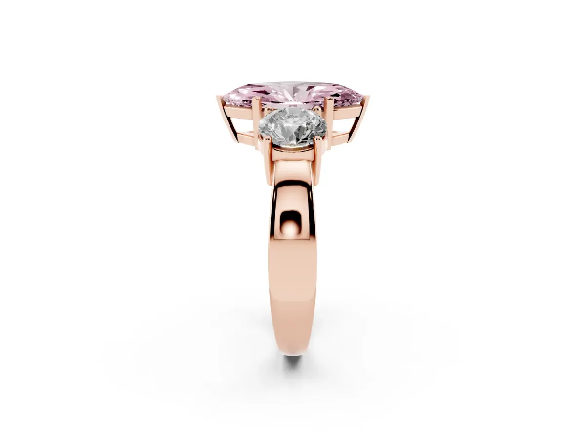 Fancy Pink Three-Stone Marquise Cut Diamond Ring with Round Side Stones, Classic Band, and Four-Prong Setting Rose gold