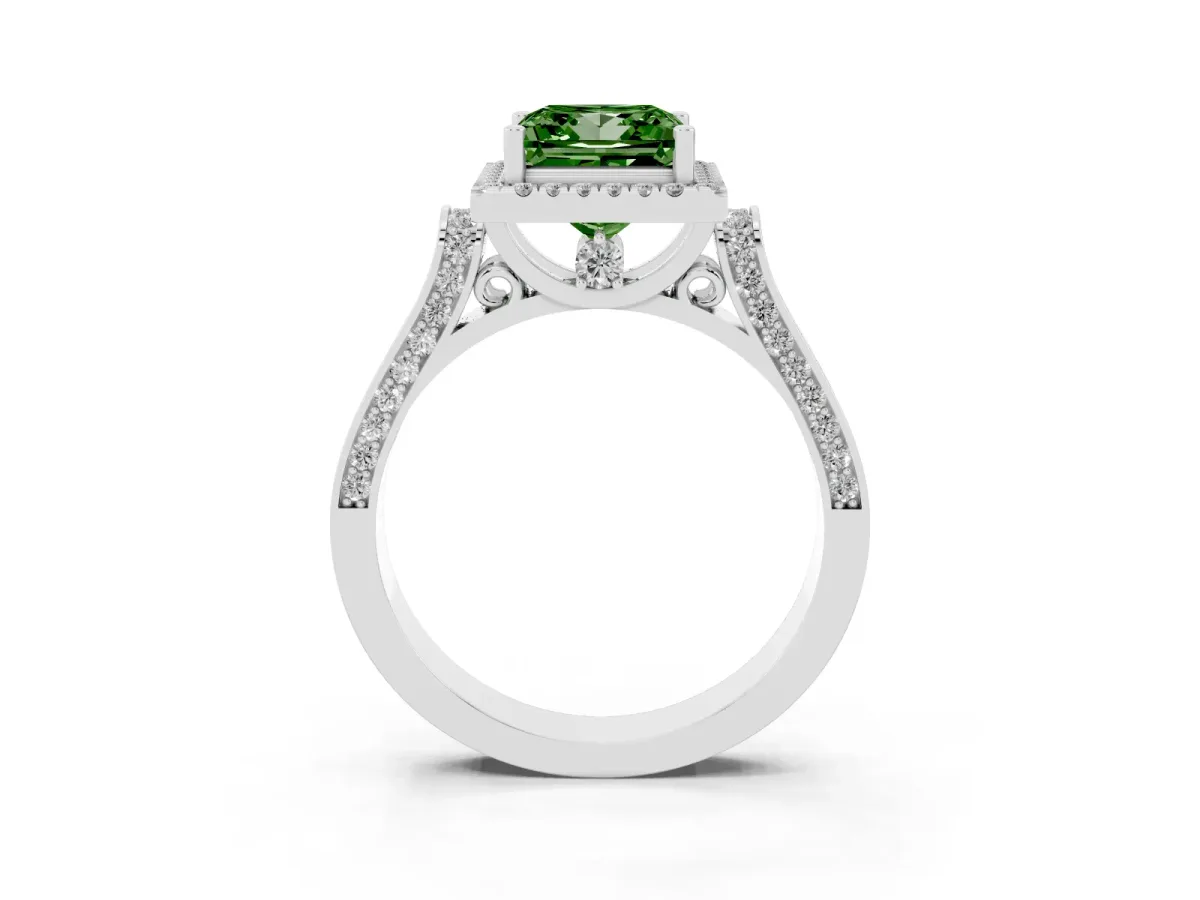 Fancy Green Princess Cut Halo Round Diamond Twist Band with Four-Prong Setting White gold