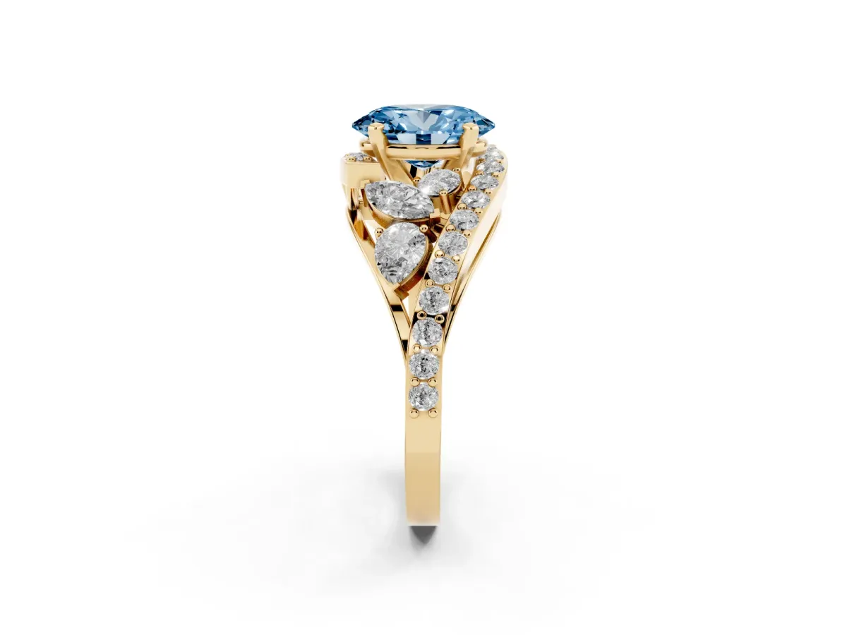 Fancy Blue Oval Cut Diamond Halo Ring with Marquise and Pavé Band in Prong Setting Yellow gold