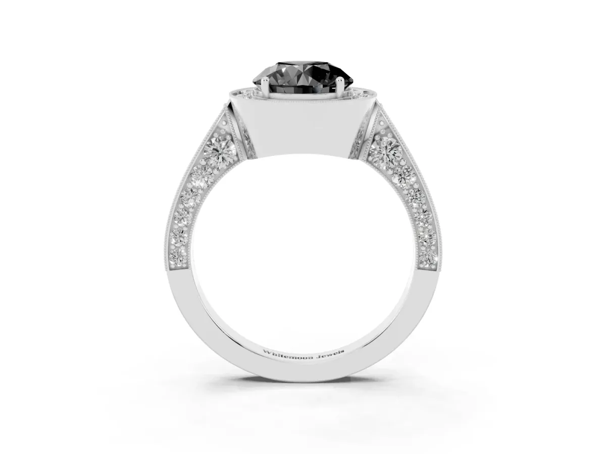 Fancy Black Round Cut Halo Diamond Engagement Ring with Split Shank Band and Four-Prong Setting Platinum