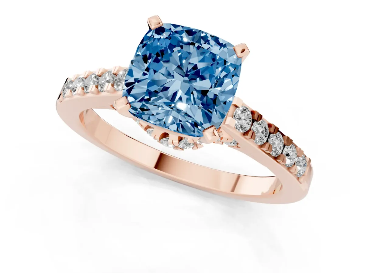 Fancy Blue Cushion Cut Diamond Solitaire Ring with Crossover Gallery and Round Pavé Band Rose gold
