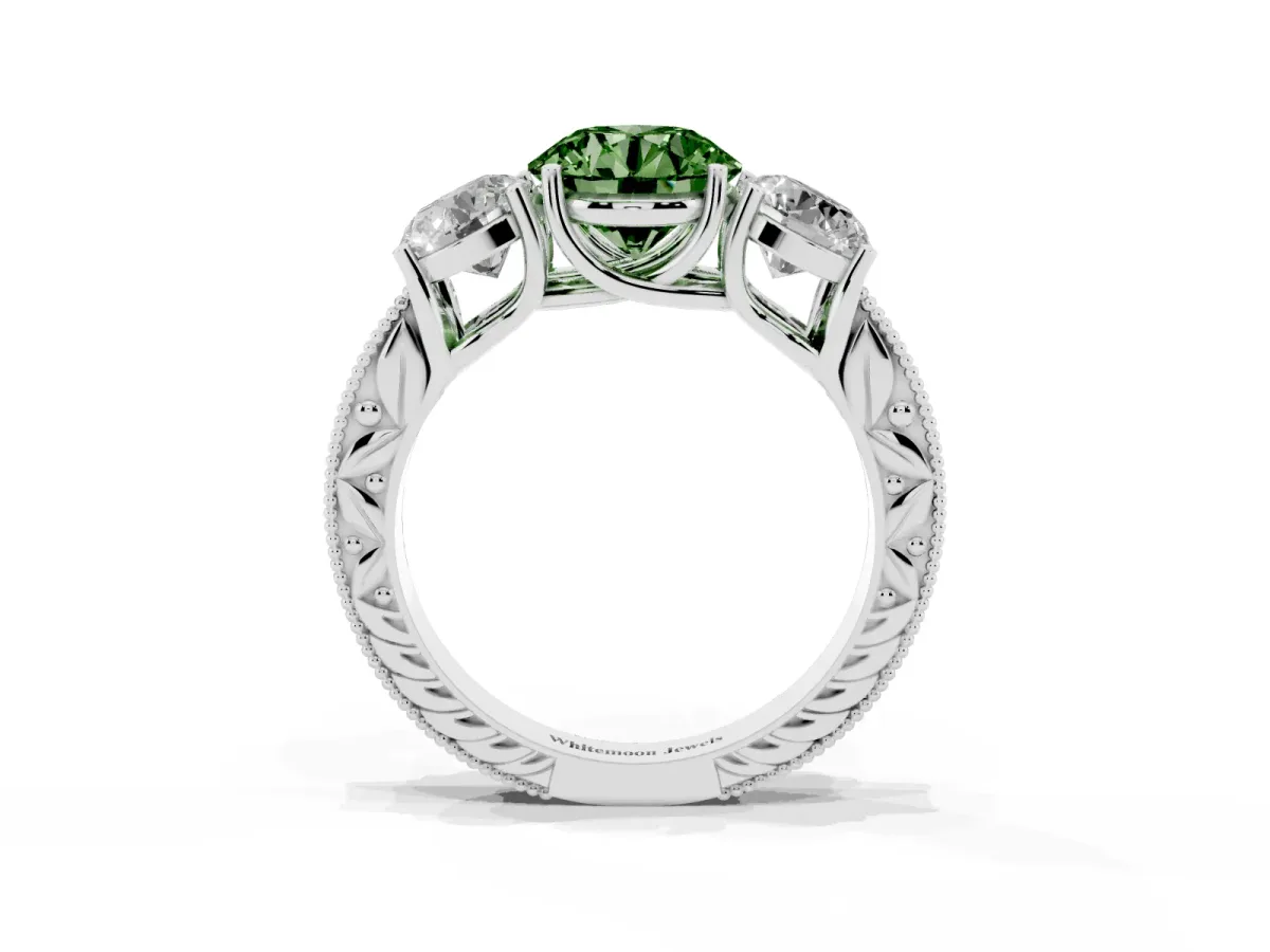 Fancy Green Three-Stone Round Cut Cut Milgrain Pavé Engagement Ring Platinum
