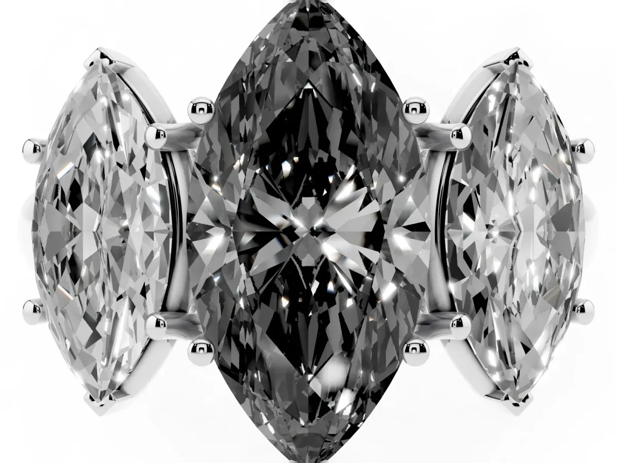 Fancy Black Three-Stone Marquise Cut Diamond Engagement Ring with Prong Setting White gold