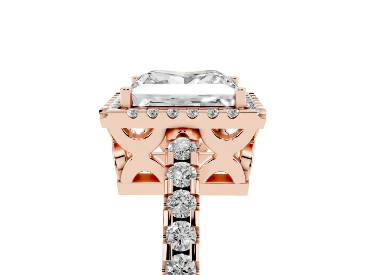 Princess Cut Diamond Halo Engagement Ring with Pavé Band and Prong Setting Rose gold
