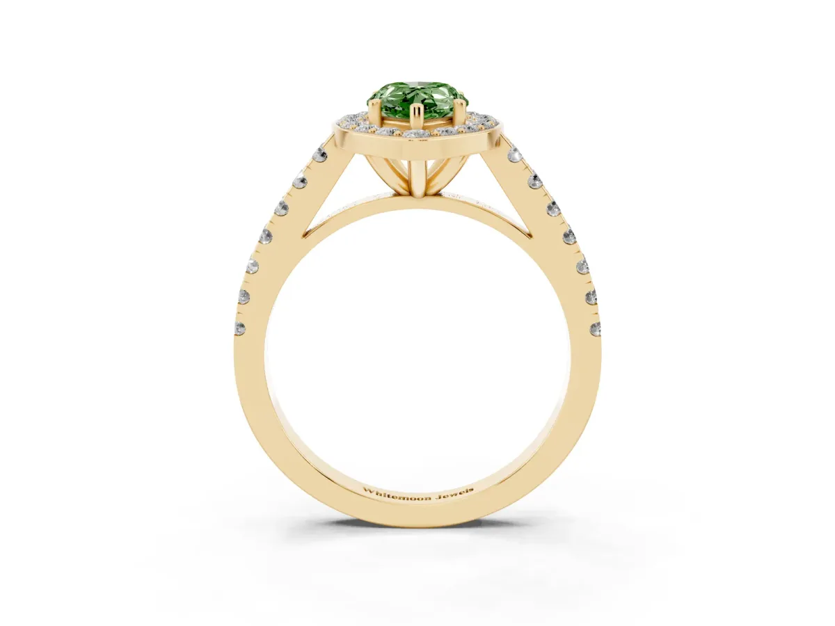 Fancy Green Pear Cut Diamond Halo Ring with Round Pavé Split Shank and Prong Setting Yellow gold